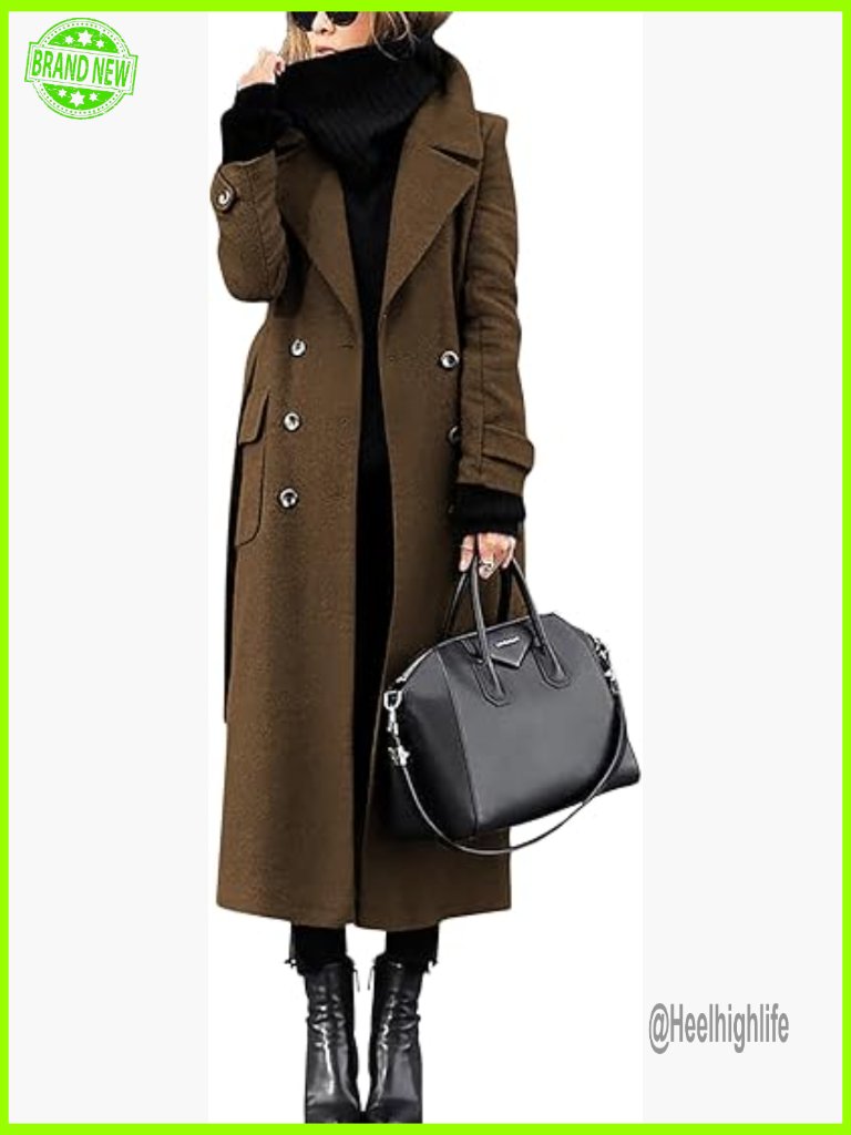 Women's Double Breasted Wool Coat Notched Lapel Belted Peacoat
